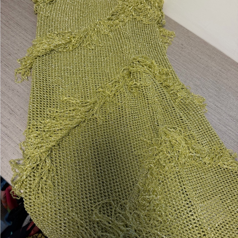 White Fox Boutique Olive Green Knit Fringe Mini Dress